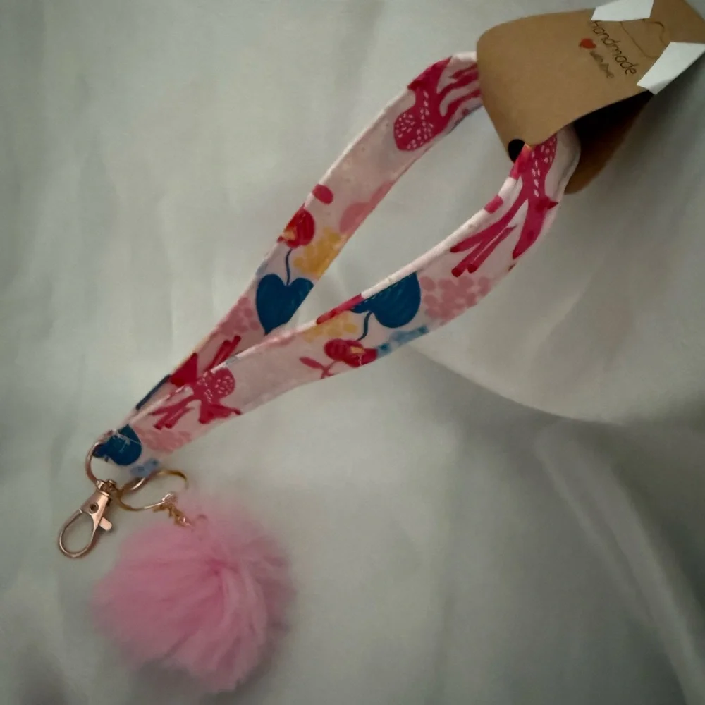 Handmade Floral Deer Print Wristlet Keychain with Light Pink Pompom